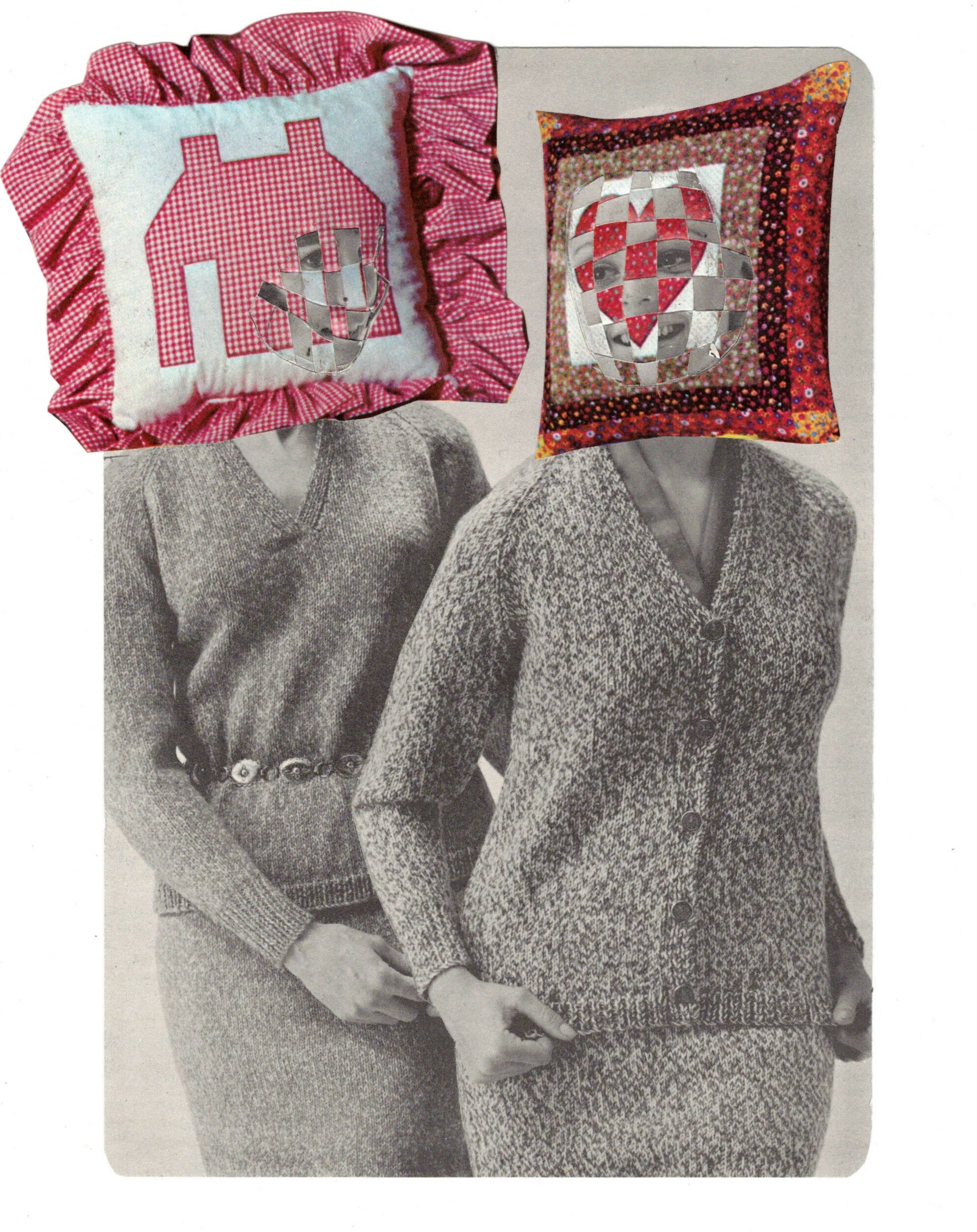 A collage of two people, with their heads obscured by pillows